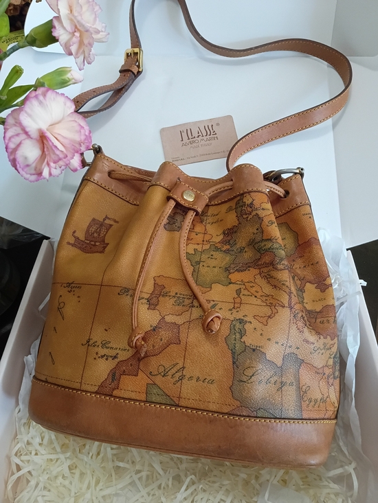 Alviero Martini Handbags - Alviero Martini Tan & Brown Map-Print Leather Drawstring Crossbody Bag
